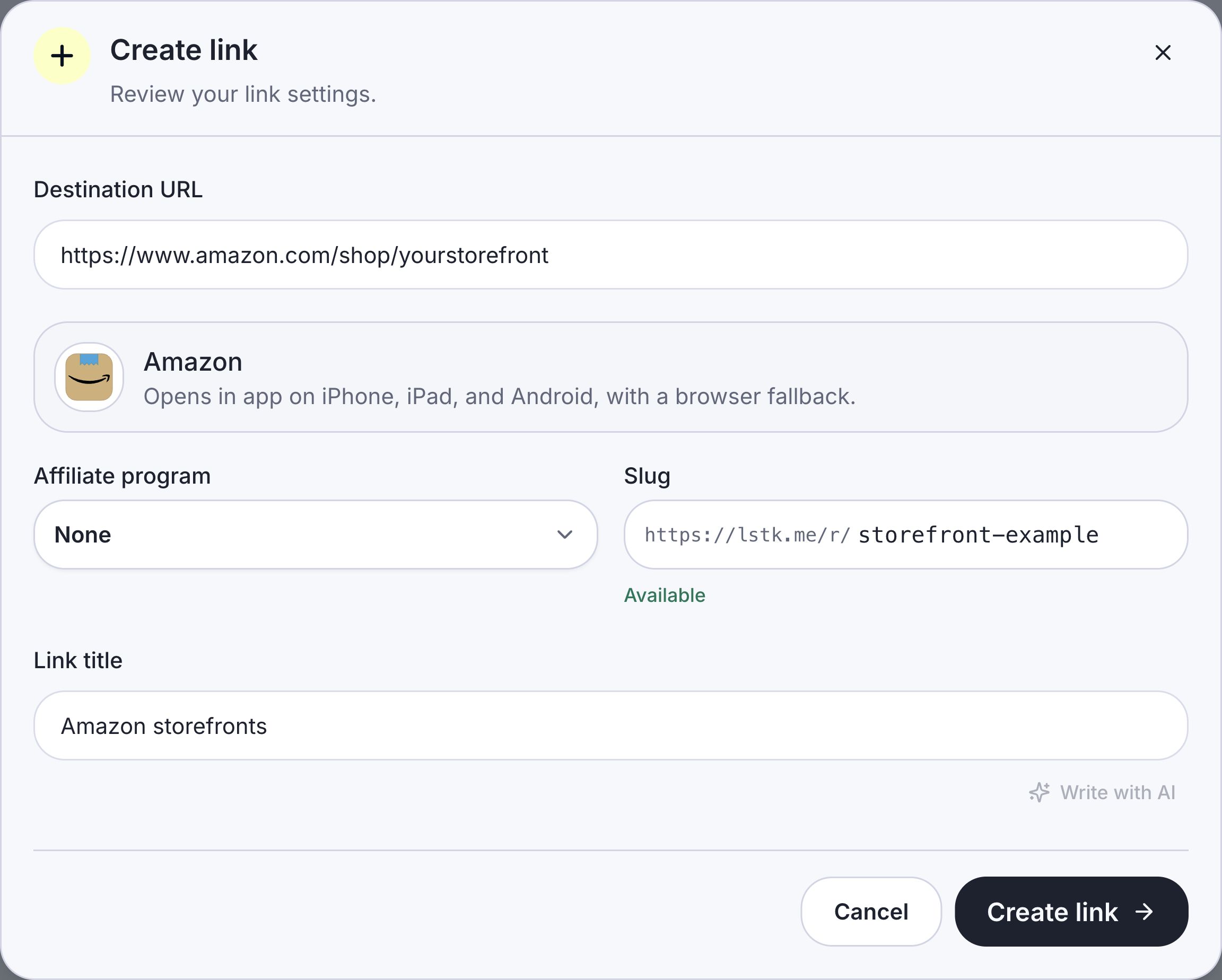 LinkStack Create link form with an example Amazon storefront destination and Affiliate program set to None.